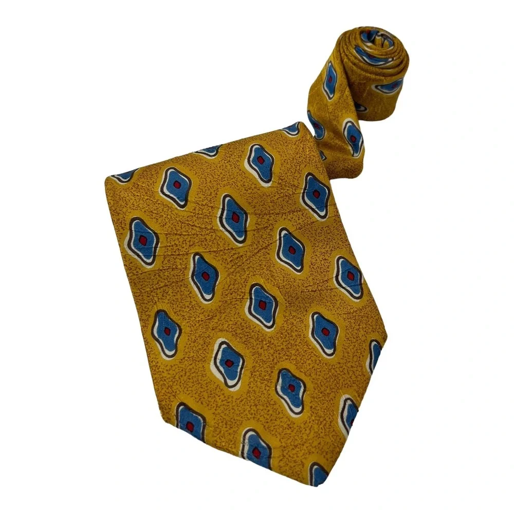 Ermenegildo Zegna Gold w/ Blue & Red Print Silk Neck Tie‎ Mens Size 4